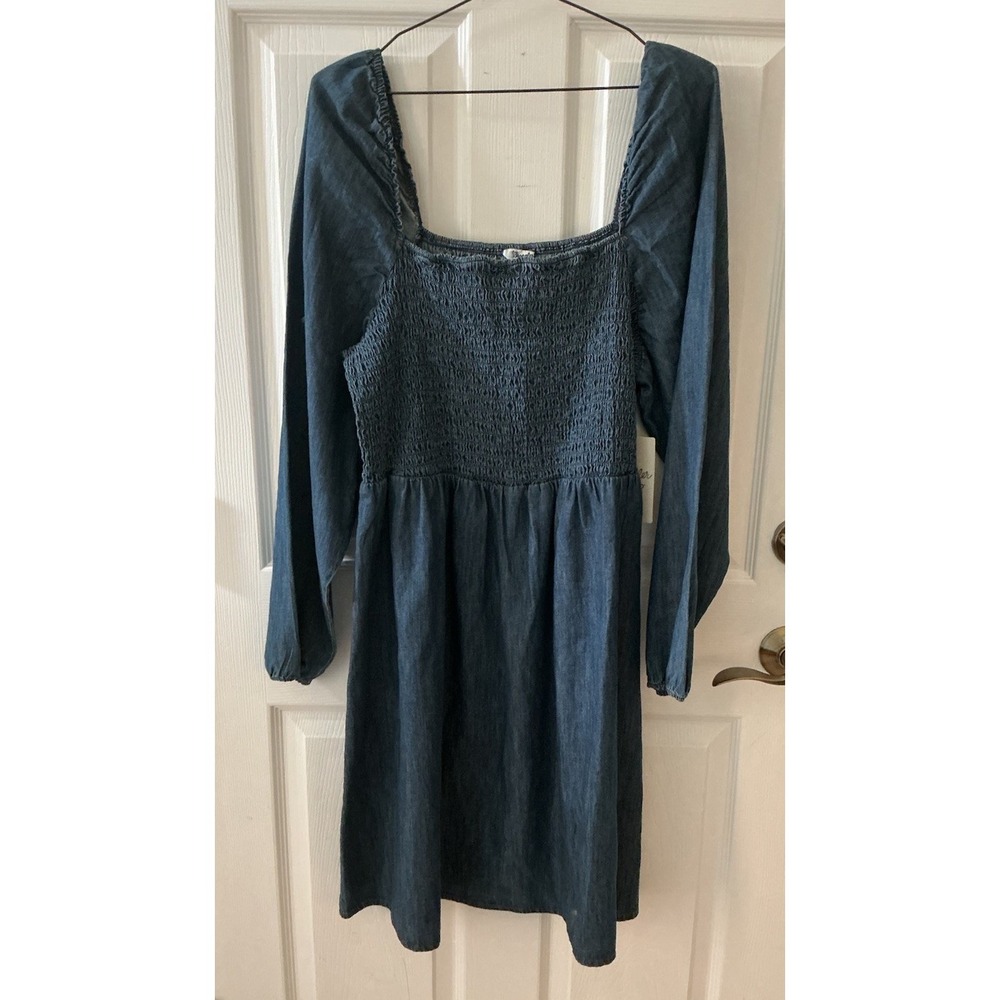 Wrangler Retro XL Denim Blue Smocked Midi Dress 100% Cotton Long Sleeve NWT